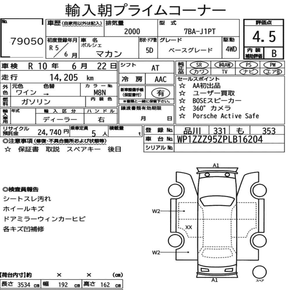 Arkusz aukcyjny — 2023 Porsche Macan 4WD Base Grade