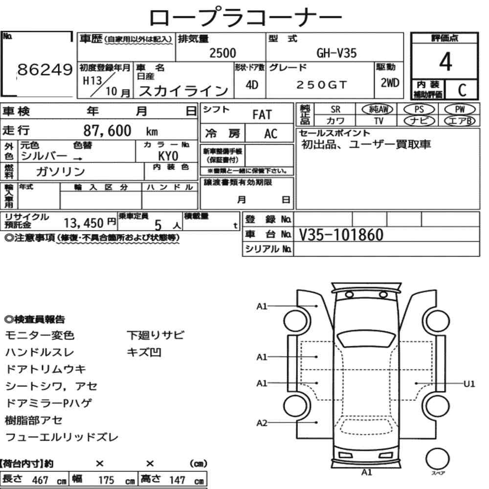 Arkusz aukcyjny — 2001 Nissan Skyline 4D 250GT