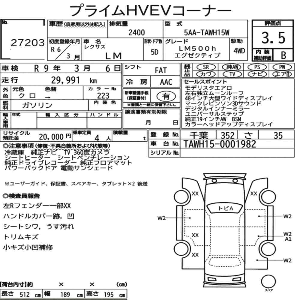 Arkusz aukcyjny — 2024 Lexus LM 4WD LM500H Executive