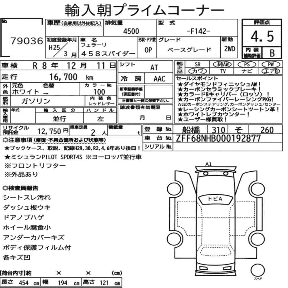 Arkusz aukcyjny — 2013 Ferrari 458 Spider Base Grade