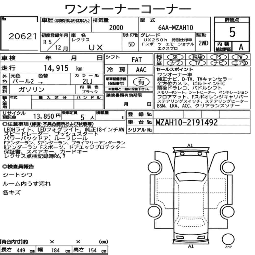 Auction sheet — 2023 Lexus Ux UX250H F Sport Emotional Explorer