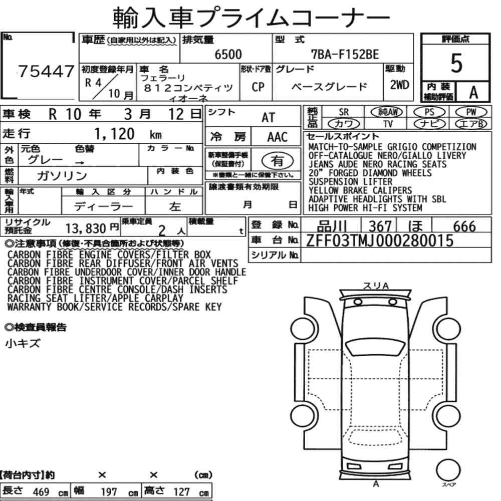 Arkusz aukcyjny — 2022 Ferrari 812 Competizione Base Grade