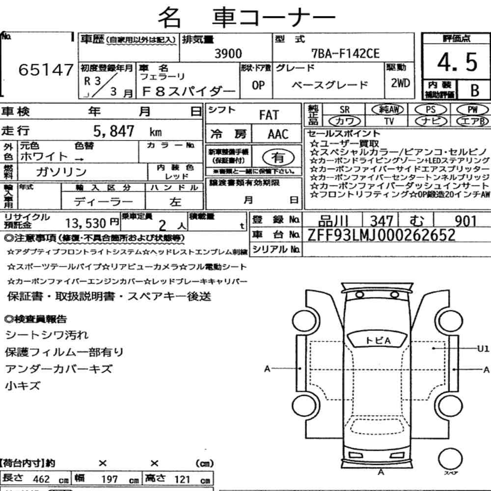 Arkusz aukcyjny — 2021 Ferrari F8 Spider Base Grade