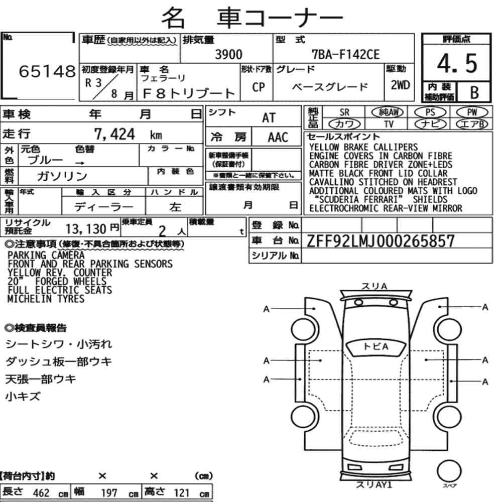 Arkusz aukcyjny — 2021 Ferrari F8 Tributo Base Grade