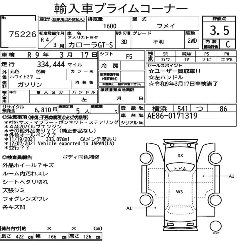 Arkusz aukcyjny — 2022 America Toyota