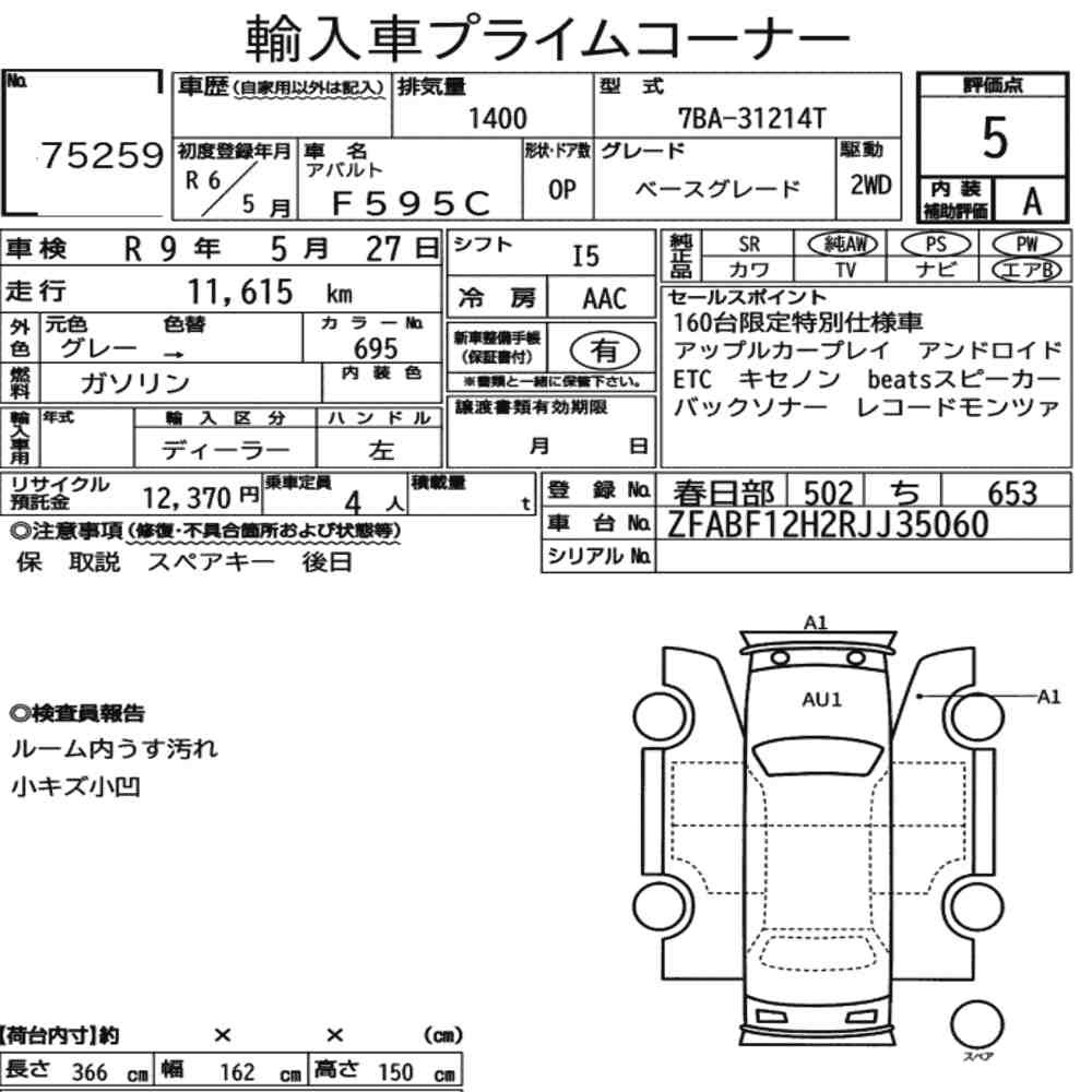 Arkusz aukcyjny — 2024 Abarth F595C Base Grade