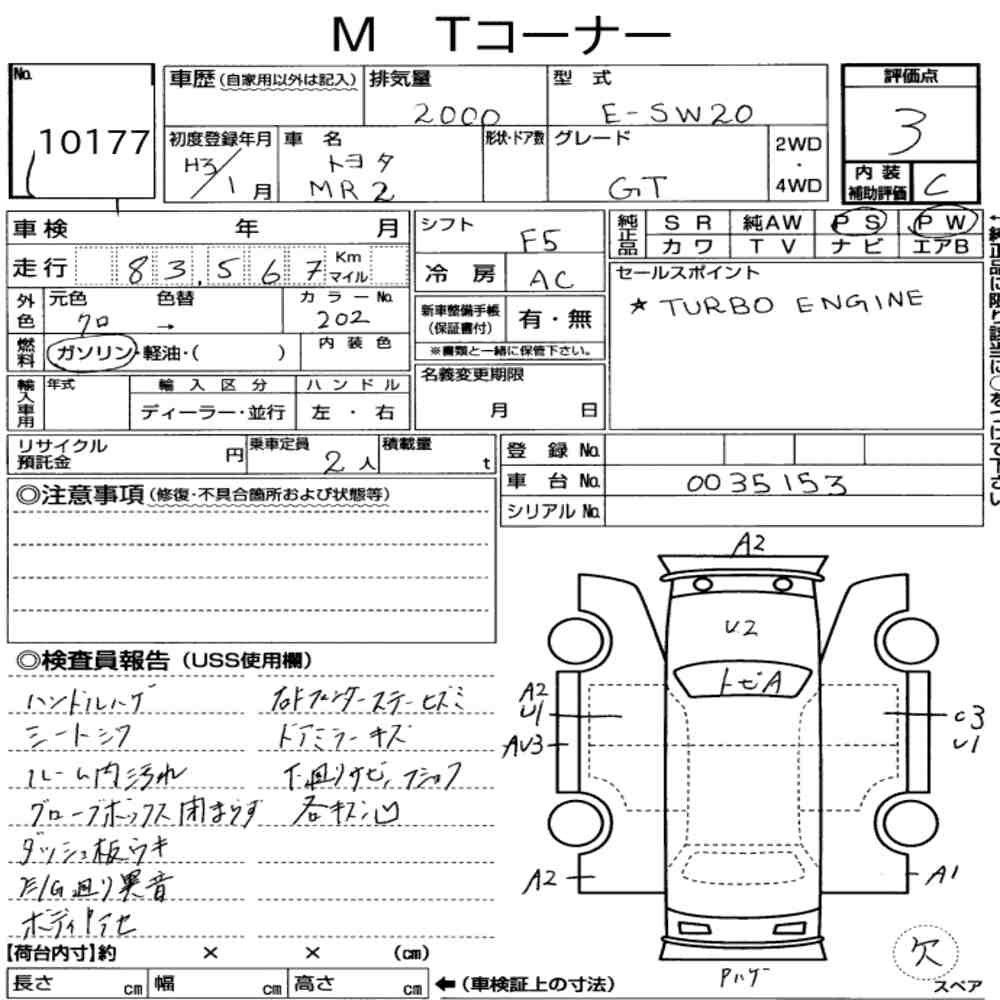 Arkusz aukcyjny — 1991 Toyota MR2 CP GT