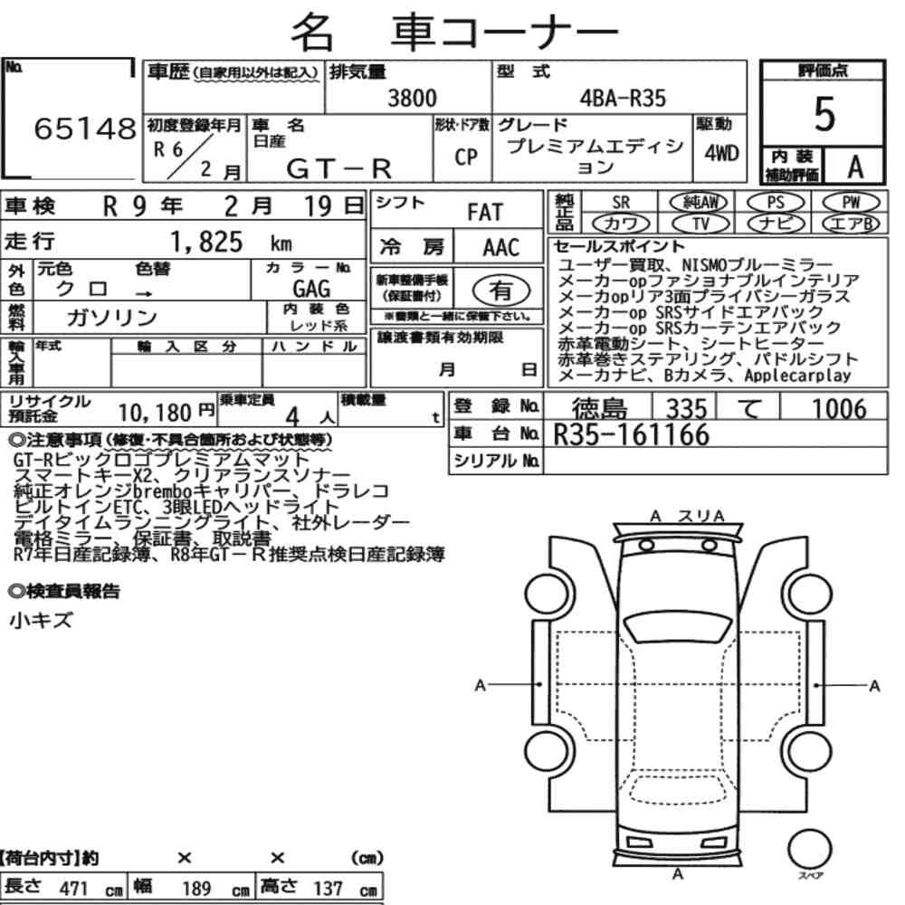 Arkusz aukcyjny — 2024 Nissan GT-R 4WD Premium Edition