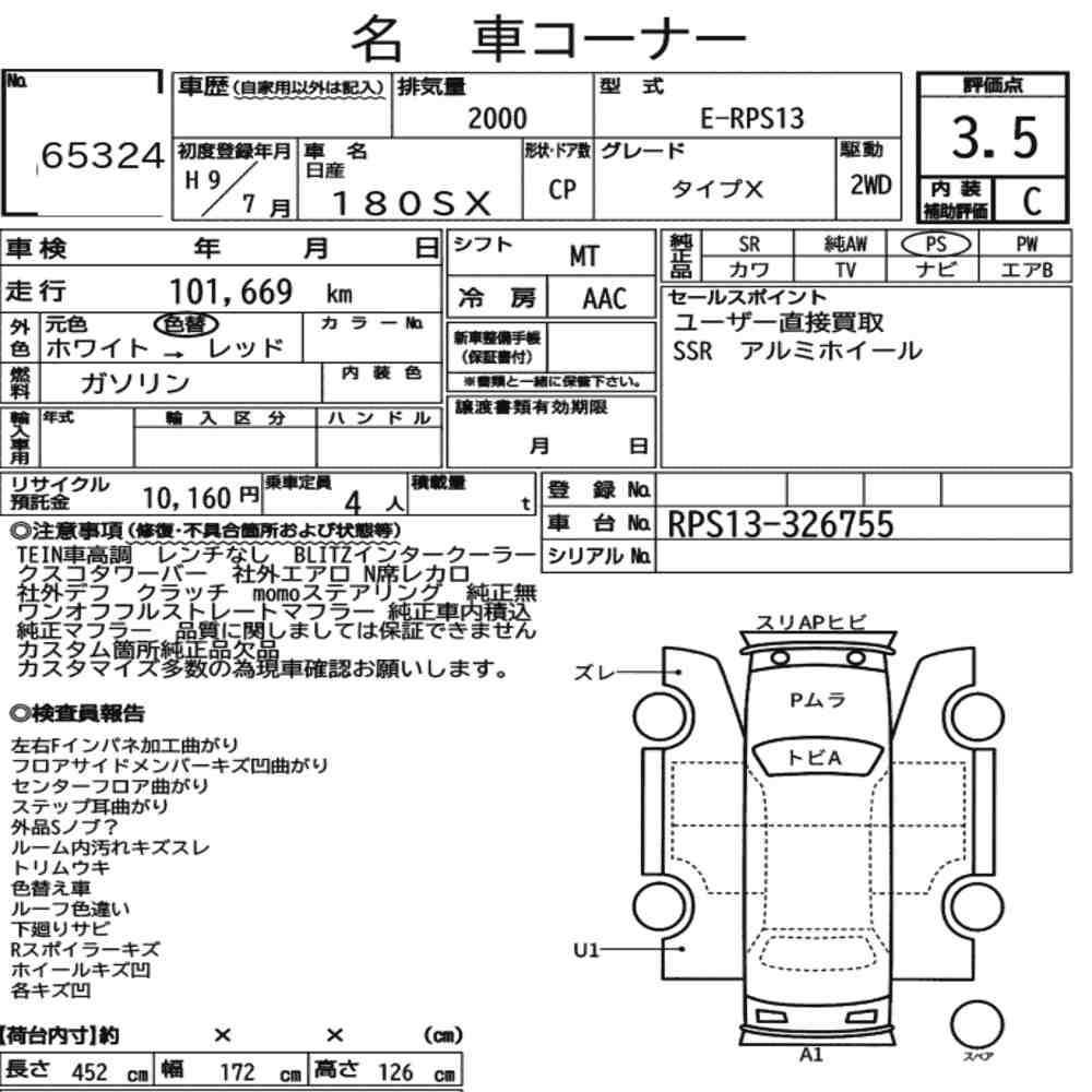 Arkusz aukcyjny — 1997 Nissan 180SX Type X