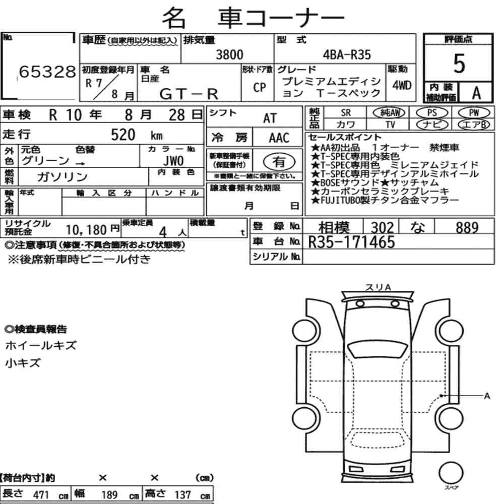 Arkusz aukcyjny — 2025 Nissan GT-R 4WD Premium Edition T-Spec