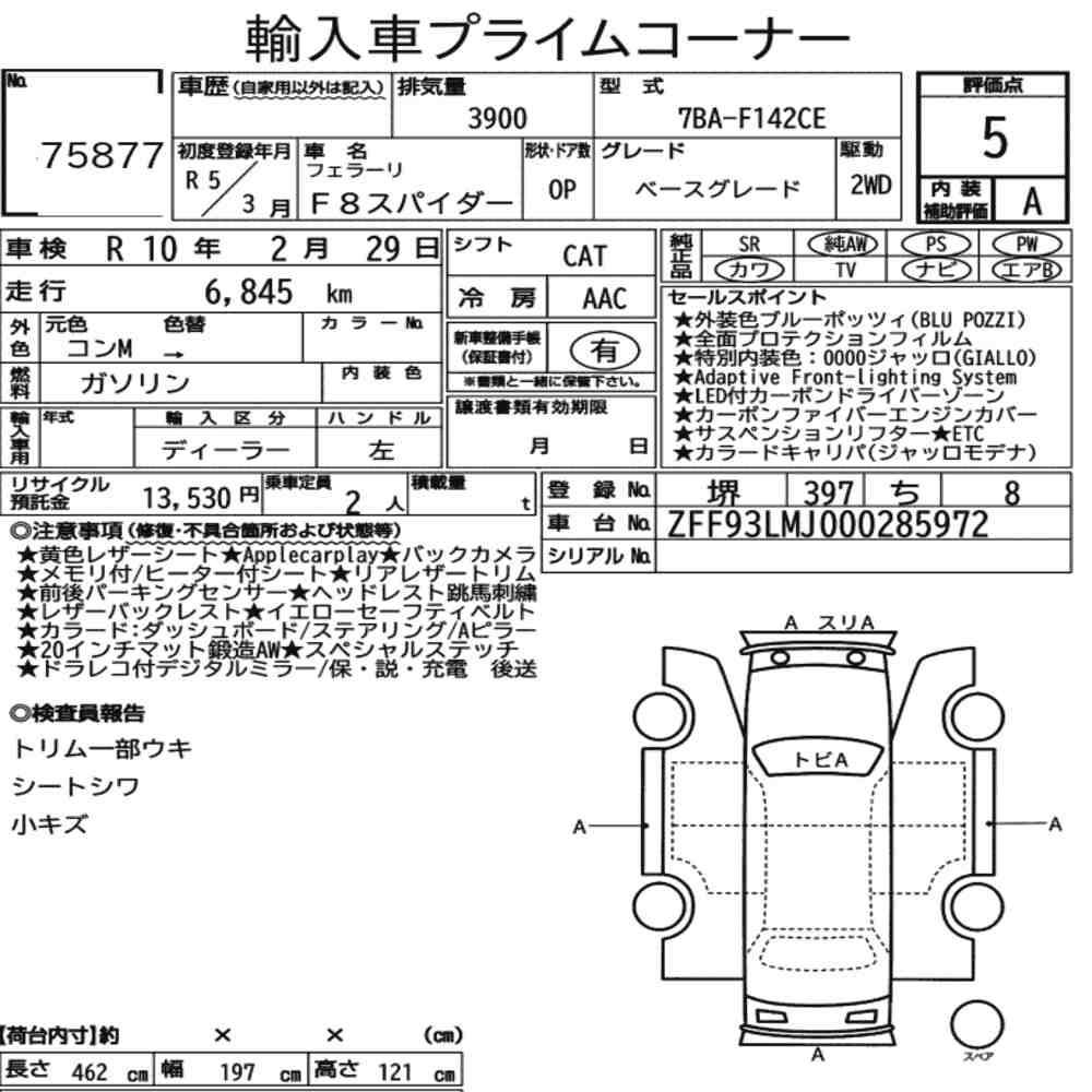 Arkusz aukcyjny — 2023 Ferrari F8 Spider Base Grade