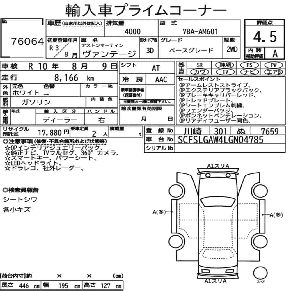 Arkusz aukcyjny — 2021 Aston Martin Vantage 3D Base Grade