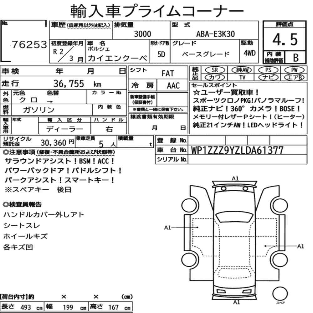 Arkusz aukcyjny — 2020 Porsche Cayenne Coupe 4WD Base Grade