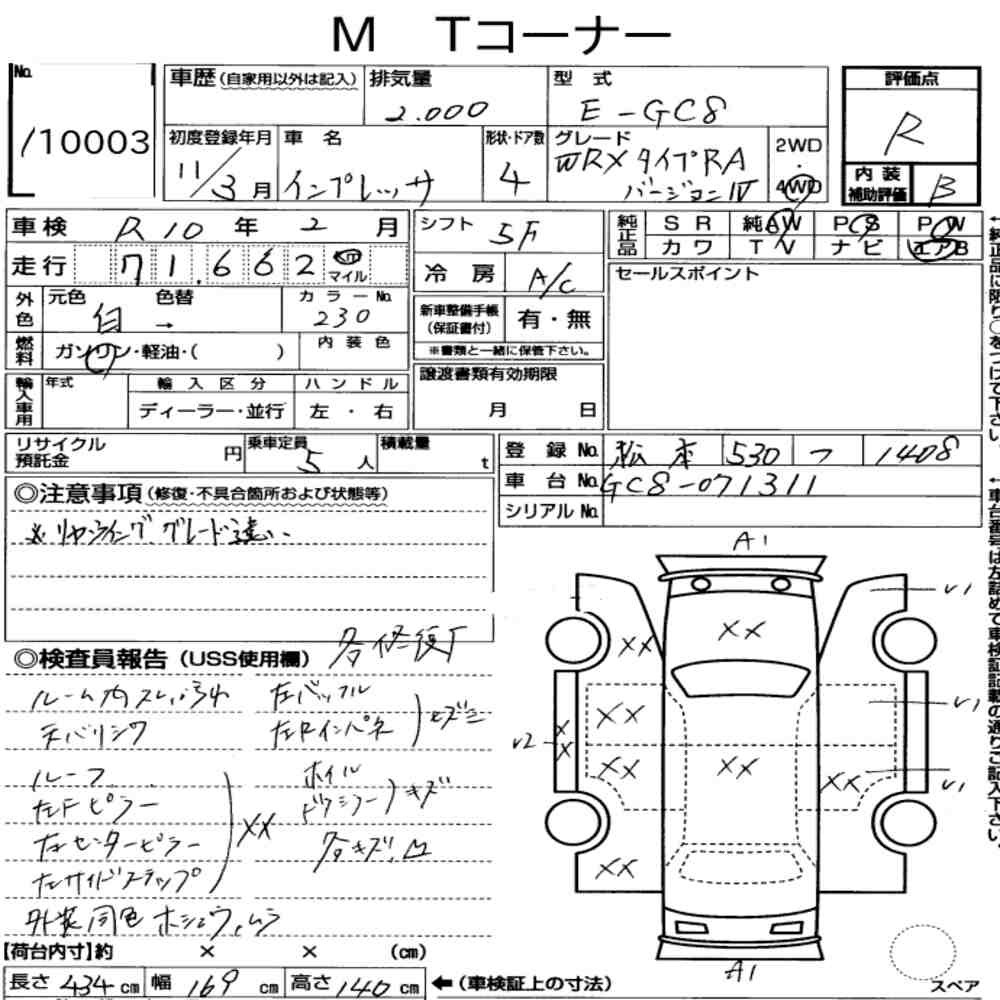 Arkusz aukcyjny — 1999 Subaru Impreza 4HT 4WD