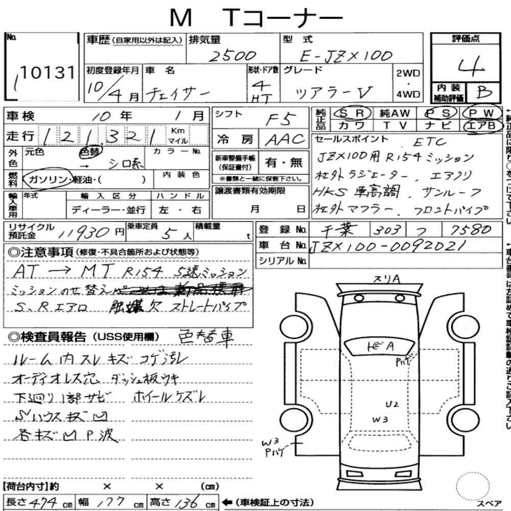 Arkusz aukcyjny — 1998 Toyota Chaser Tourer V