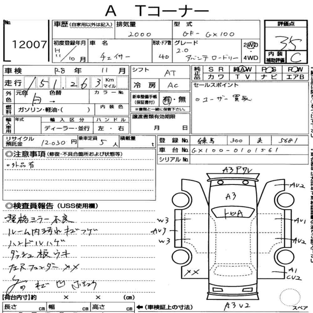 Arkusz aukcyjny — 1999 Toyota Chaser Avante Lordly
