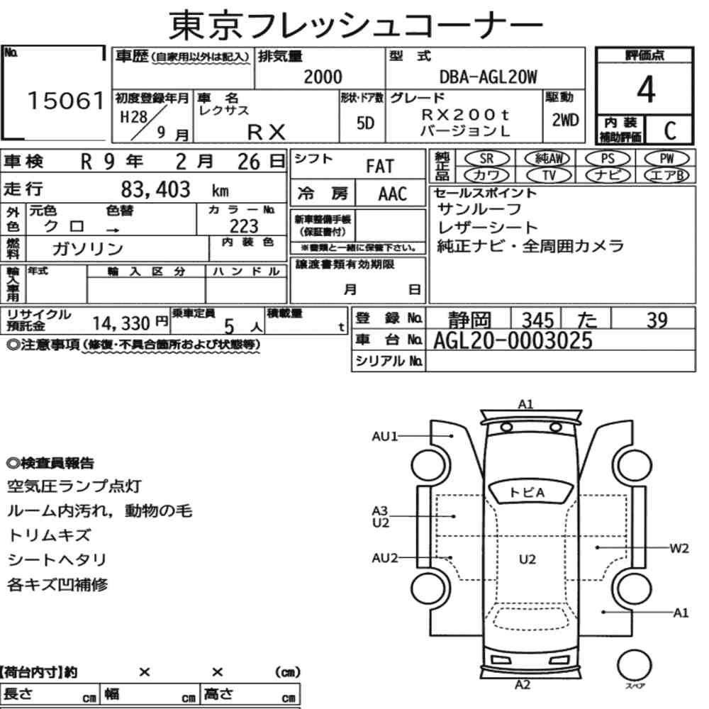 Arkusz aukcyjny — 2016 Lexus RX RX200T Version L
