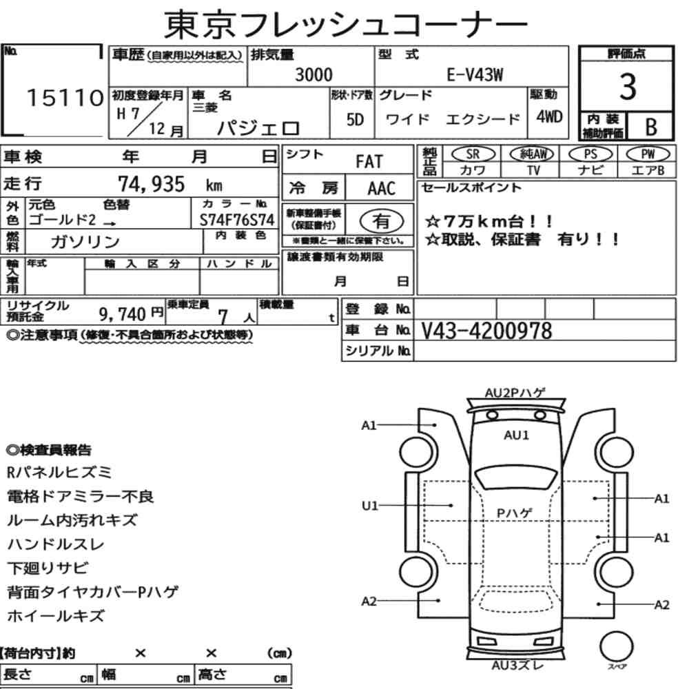 Arkusz aukcyjny — 1995 Mitsubishi Pajero 5D 4WD Wide Exceed