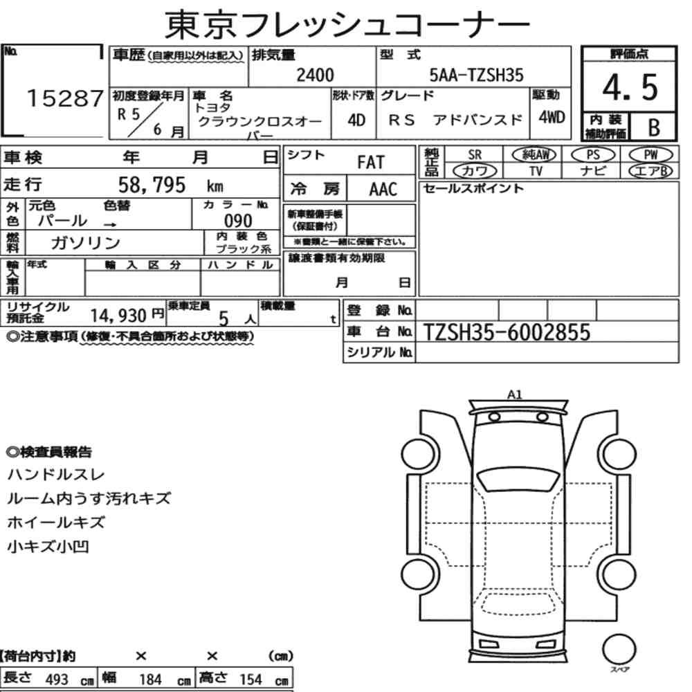 Arkusz aukcyjny — 2023 Toyota Crown Crossover 4WD RS Advanced