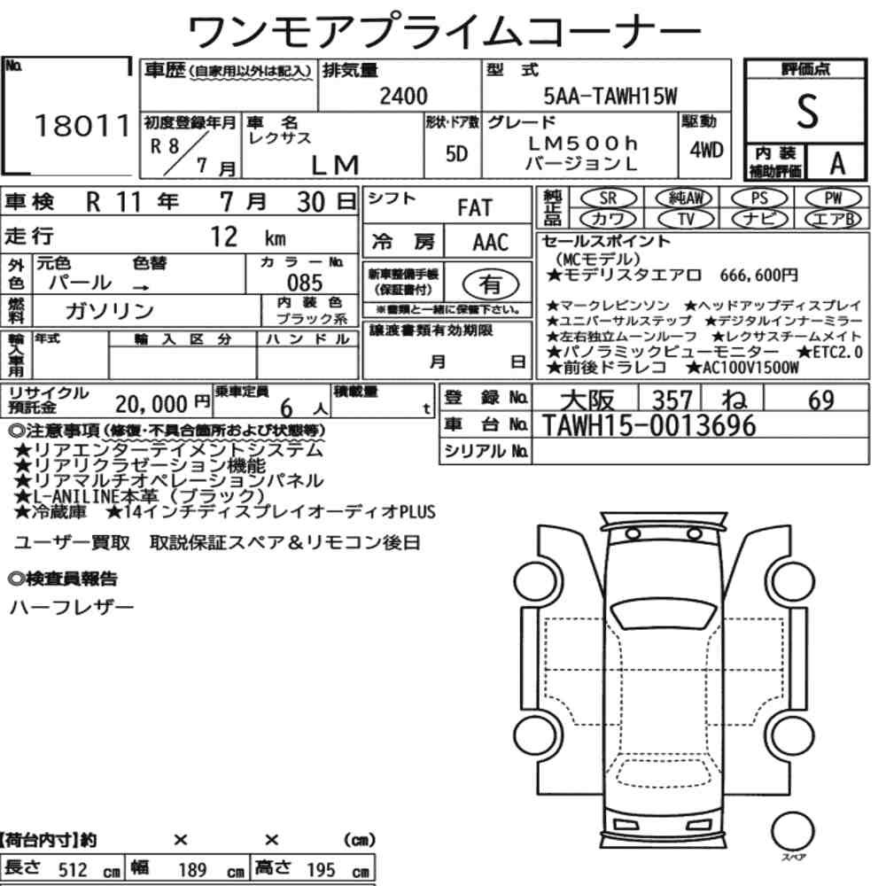 Arkusz aukcyjny — 2026 Lexus LM 4WD LM500H Version L