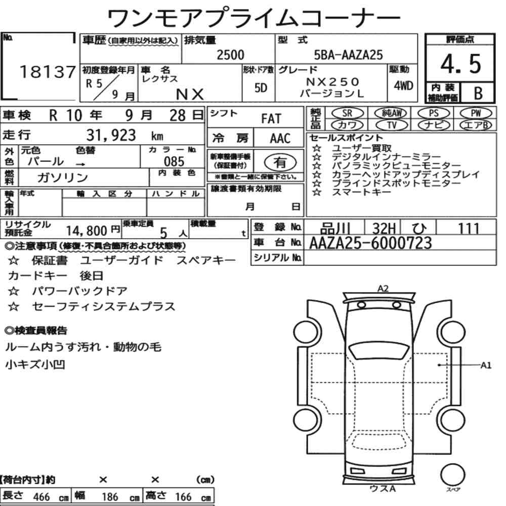 Arkusz aukcyjny — 2023 Lexus NX 4WD NX250 Version L