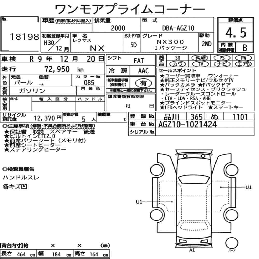 Arkusz aukcyjny — 2018 Lexus NX NX300 I Package
