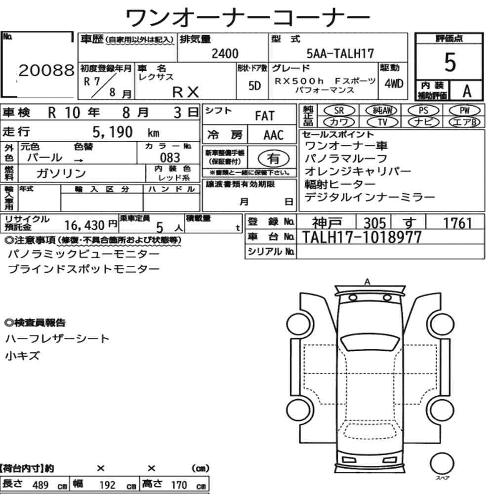 Arkusz aukcyjny — 2025 Lexus RX 4WD RX500H F Sport Performance
