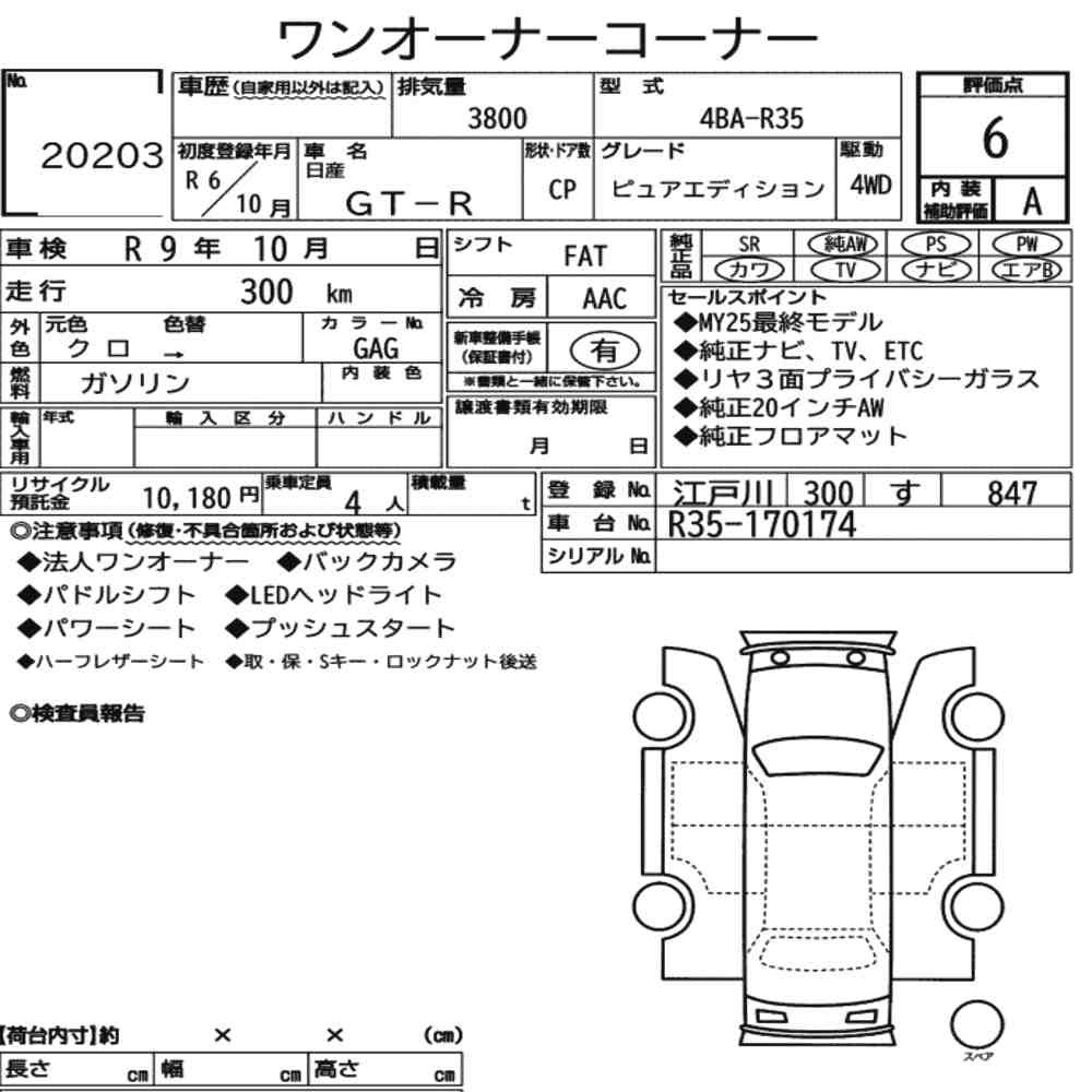 Arkusz aukcyjny — 2024 Nissan GT-R 4WD Pure Edition