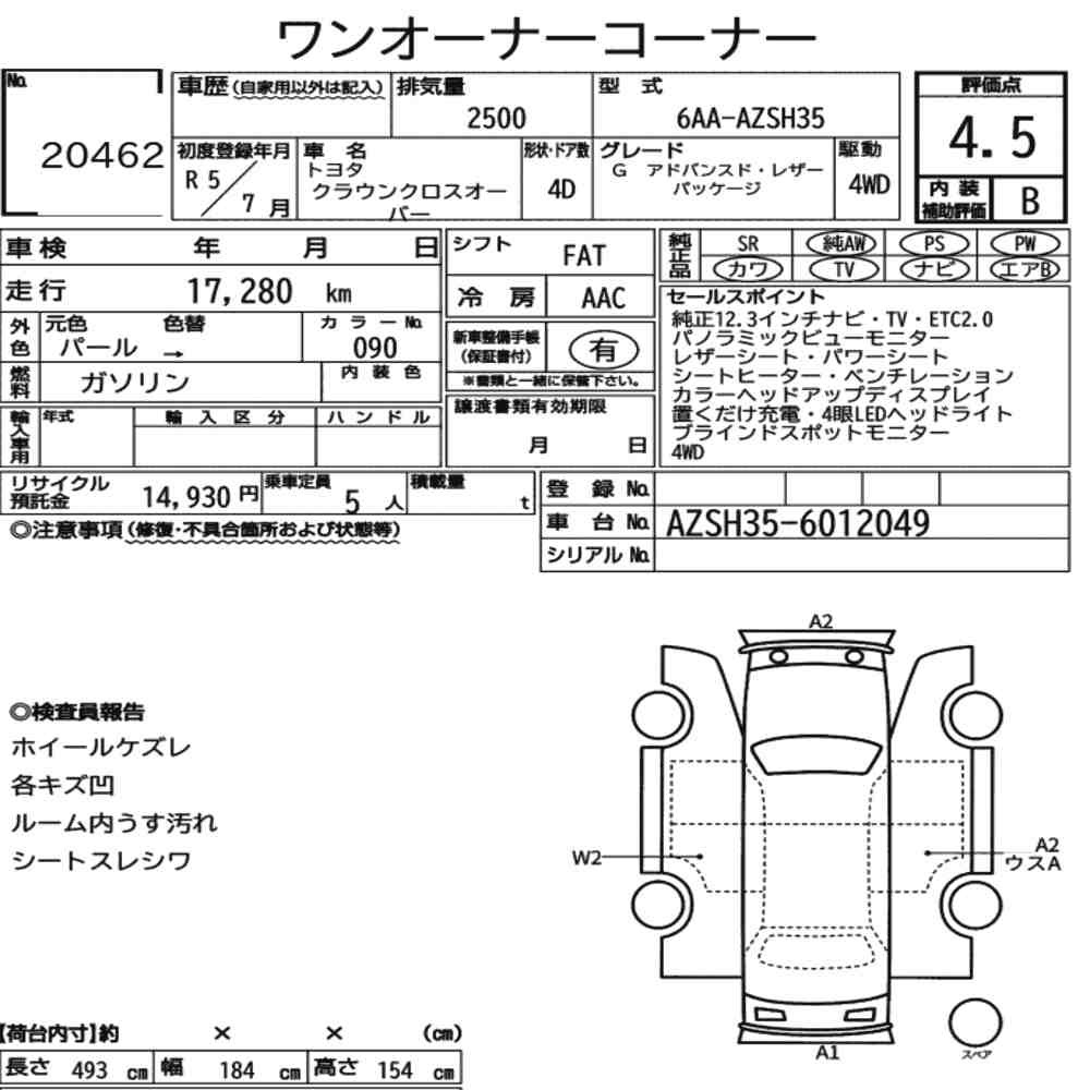 Arkusz aukcyjny — 2023 Toyota Crown Crossover 4WD G Advanced･leather Package