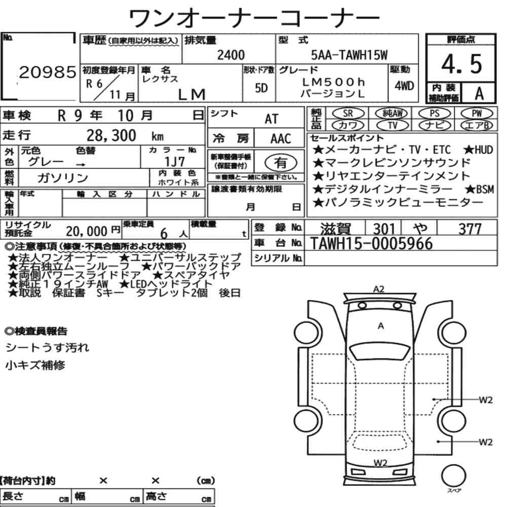 Arkusz aukcyjny — 2024 Lexus LM 4WD LM500H Version L