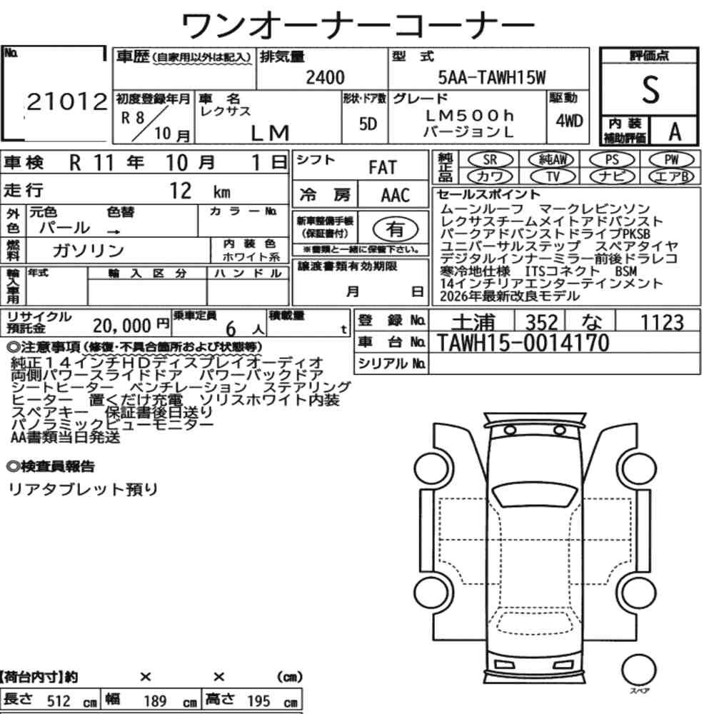 Arkusz aukcyjny — 2026 Lexus LM 4WD LM500H Version L