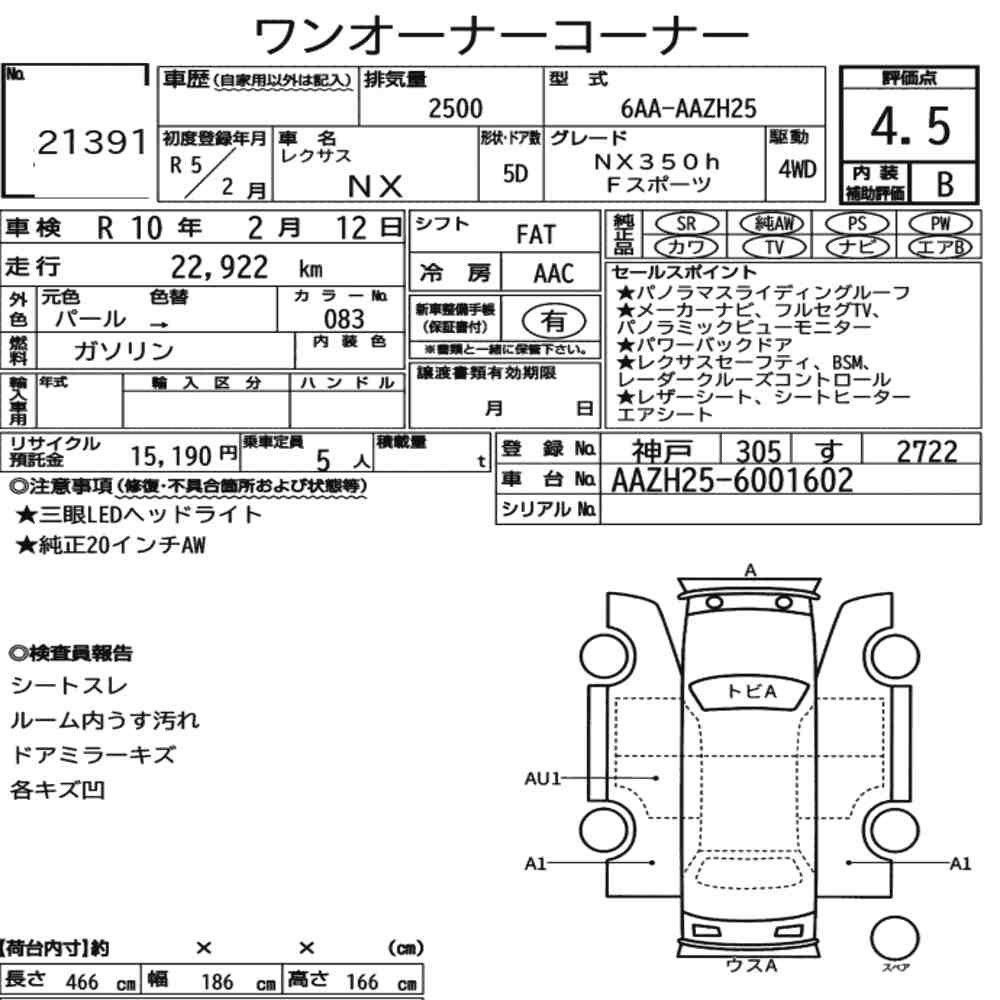 Arkusz aukcyjny — 2023 Lexus NX 4WD NX350H F Sport