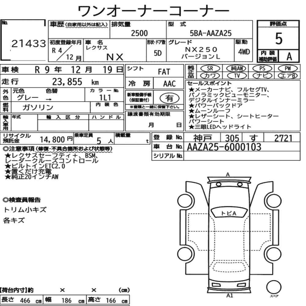 Arkusz aukcyjny — 2022 Lexus NX 4WD NX250 Version L