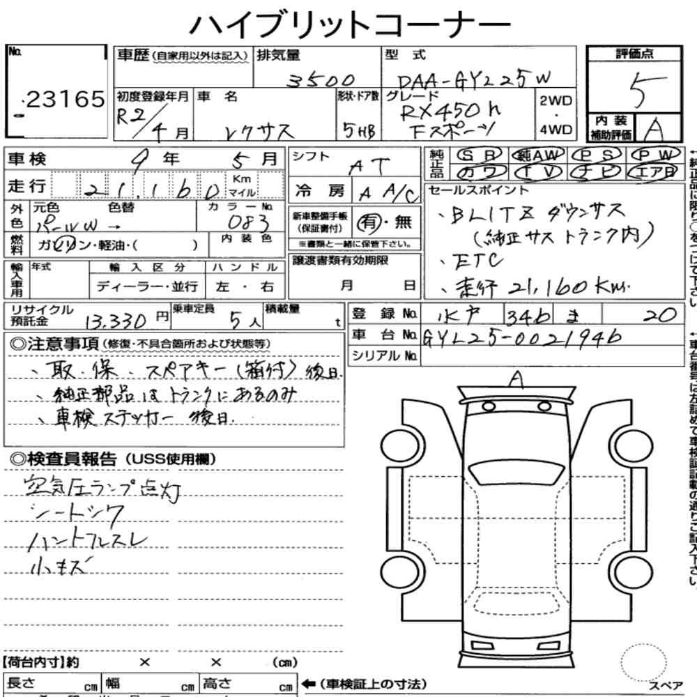 Arkusz aukcyjny — 2020 Lexus RX 4WD RX450H F Sport