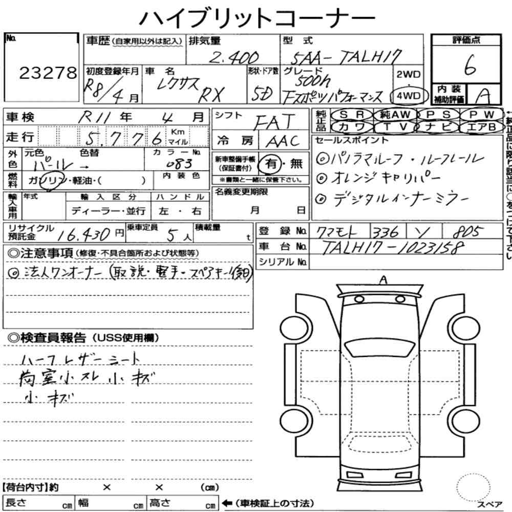 Arkusz aukcyjny — 2026 Lexus RX 4WD RX500H F Sport Performance