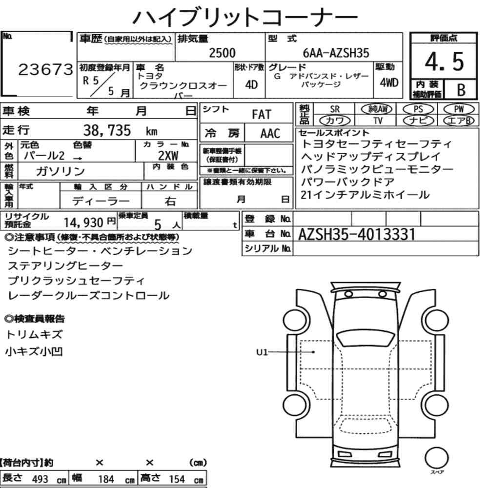 Arkusz aukcyjny — 2023 Toyota Crown Crossover 4WD G Advanced･leather Package