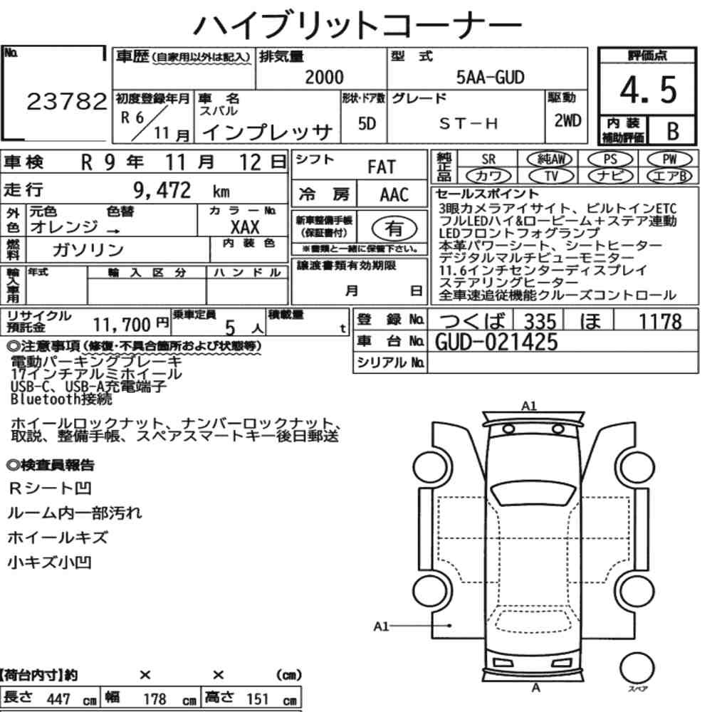 Arkusz aukcyjny — 2024 Subaru Impreza 5D ST-H