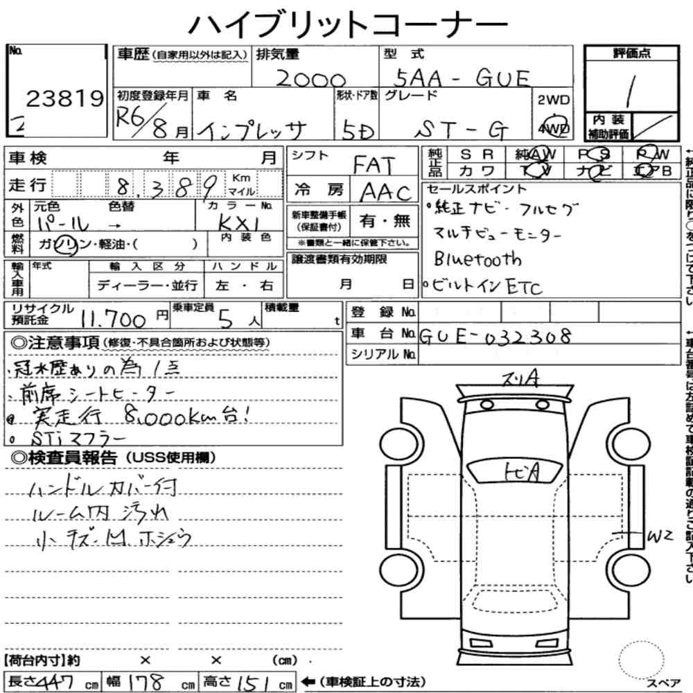 Arkusz aukcyjny — 2024 Subaru Impreza 5D 4WD ST-G