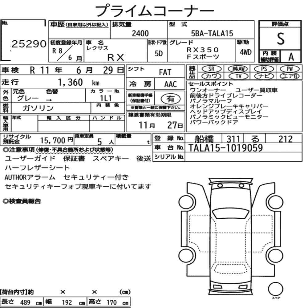 Arkusz aukcyjny — 2026 Lexus RX 4WD F Sport