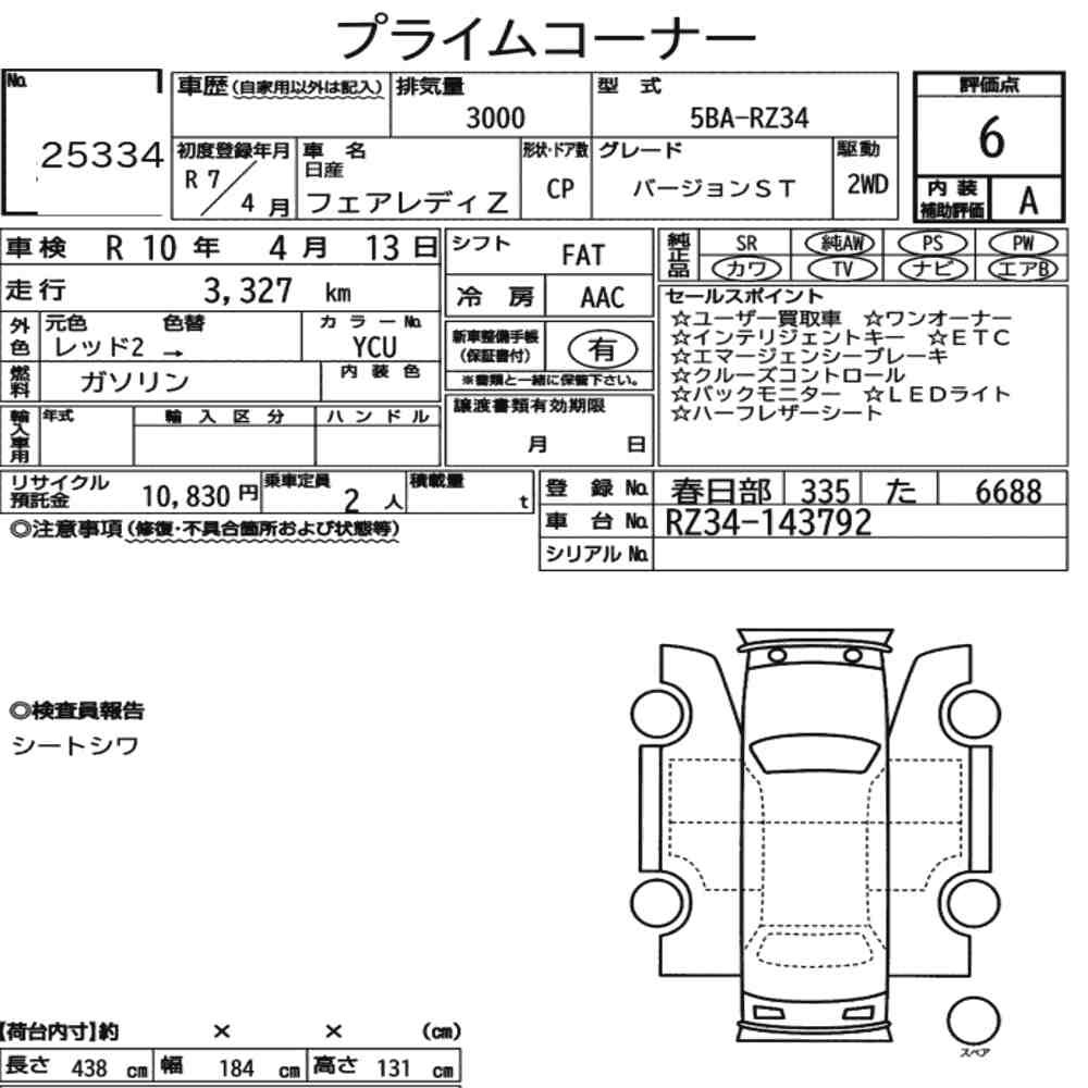 Arkusz aukcyjny — 2025 Nissan Fairlady Z CP Version ST
