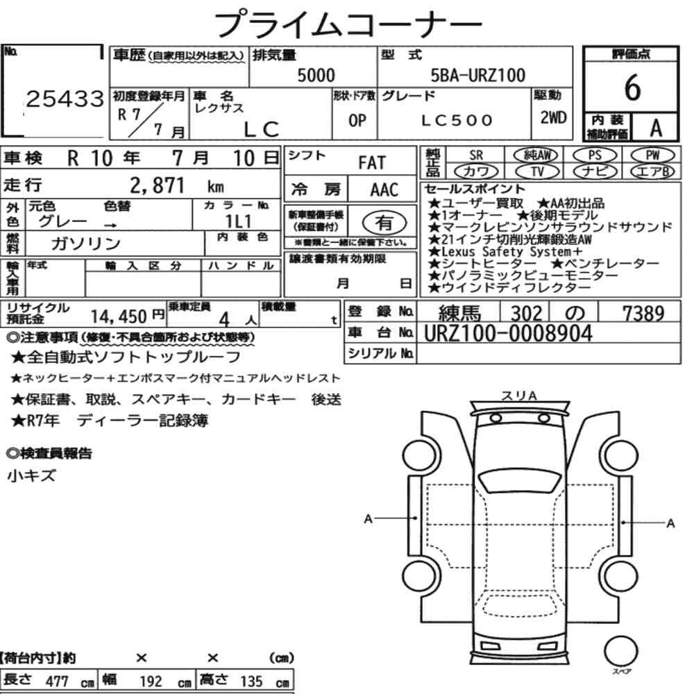 Arkusz aukcyjny — 2025 Lexus LC Op LC500