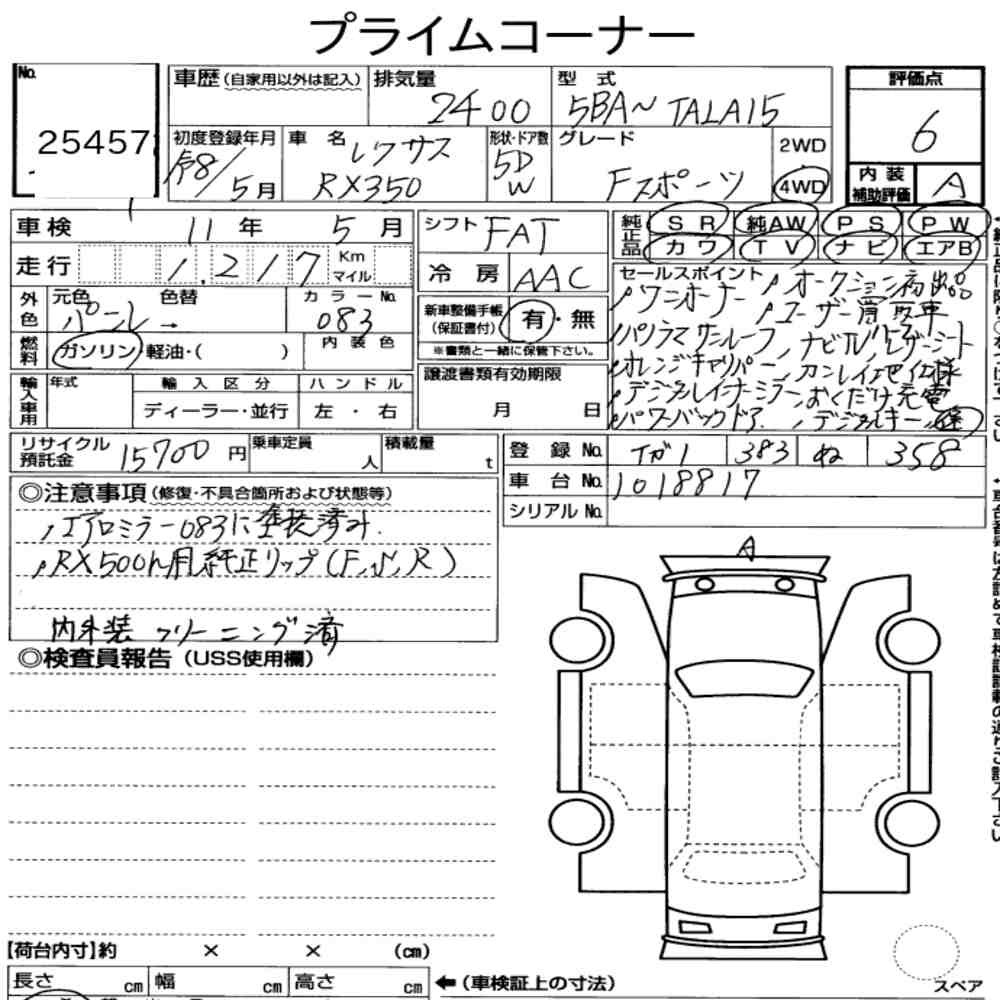 Arkusz aukcyjny — 2026 Lexus RX 4WD F Sport