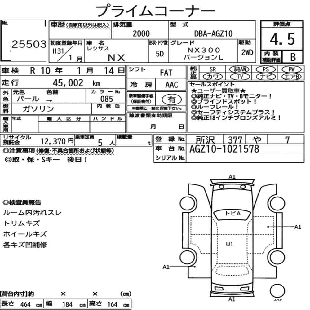 Arkusz aukcyjny — 2019 Lexus NX NX300 Version L