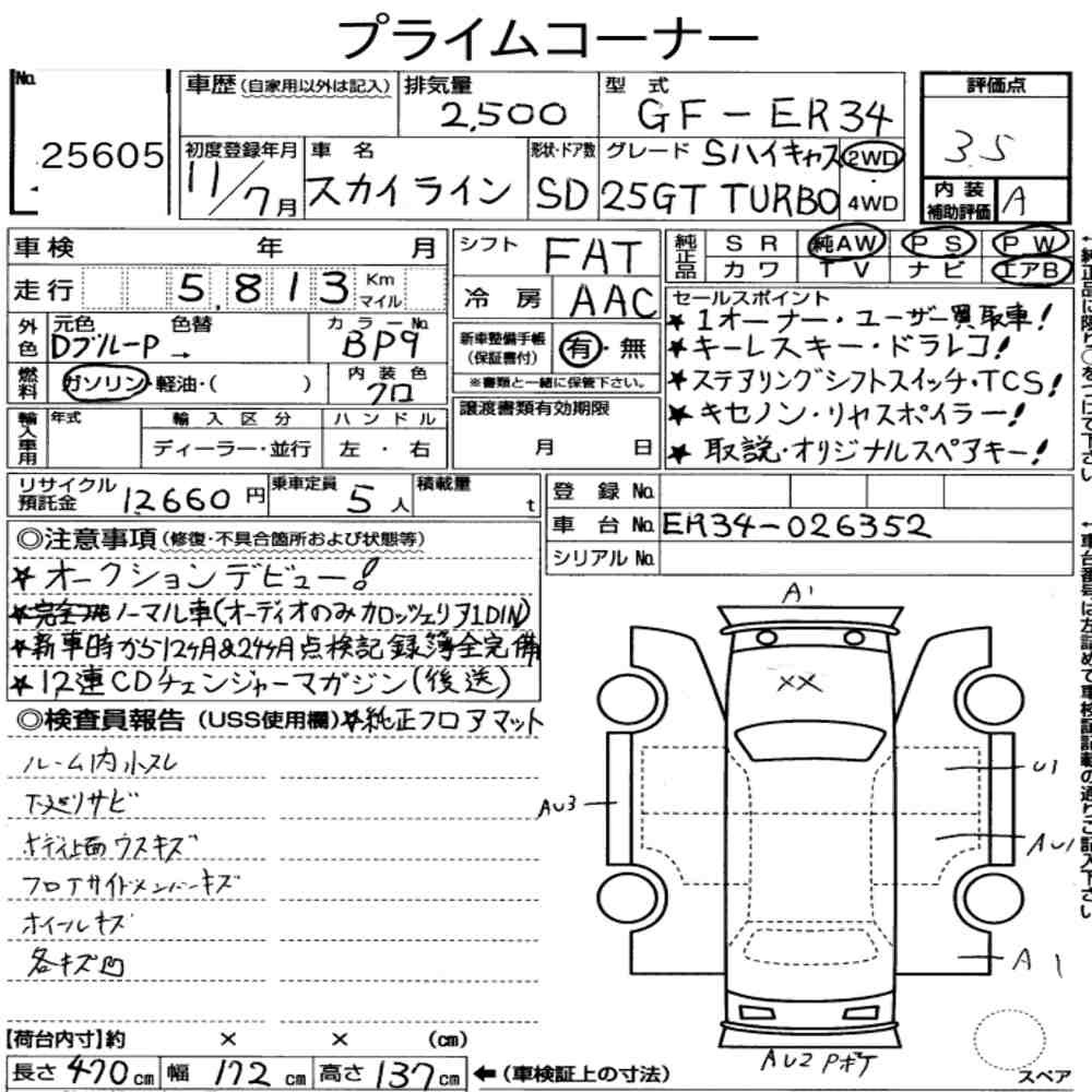 Arkusz aukcyjny — 1999 Nissan Skyline 4D 25GT Turbo