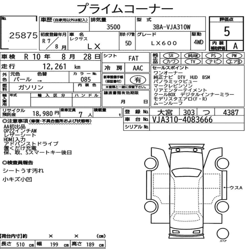 Arkusz aukcyjny — 2025 Lexus LX 4WD LX600