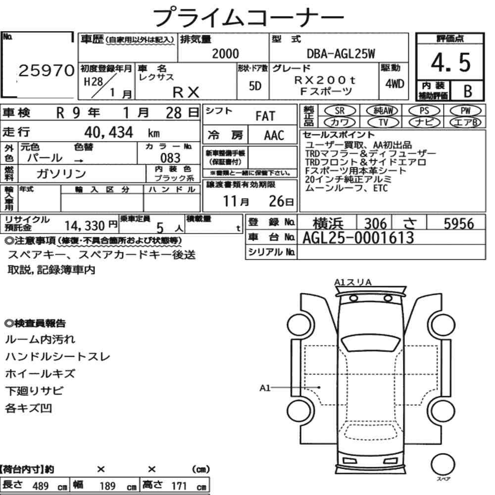 Arkusz aukcyjny — 2016 Lexus RX 4WD RX200T F Sport