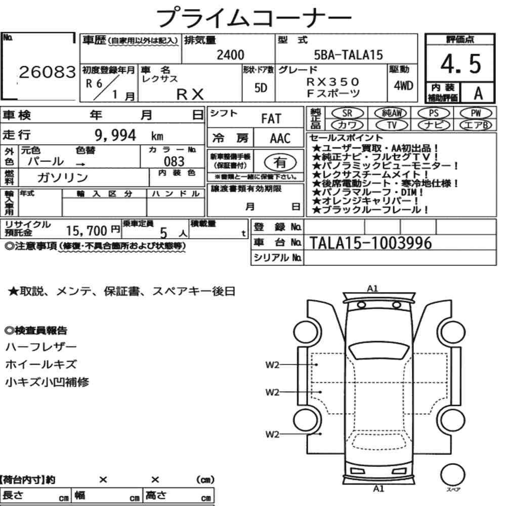 Arkusz aukcyjny — 2024 Lexus RX 4WD F Sport