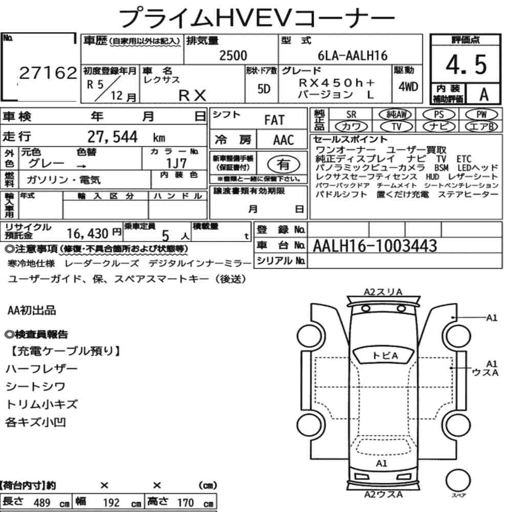Arkusz aukcyjny — 2023 Lexus RX 4WD RX450H+ Version L