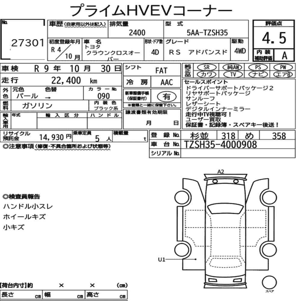 Arkusz aukcyjny — 2022 Toyota Crown Crossover 4WD RS Advanced