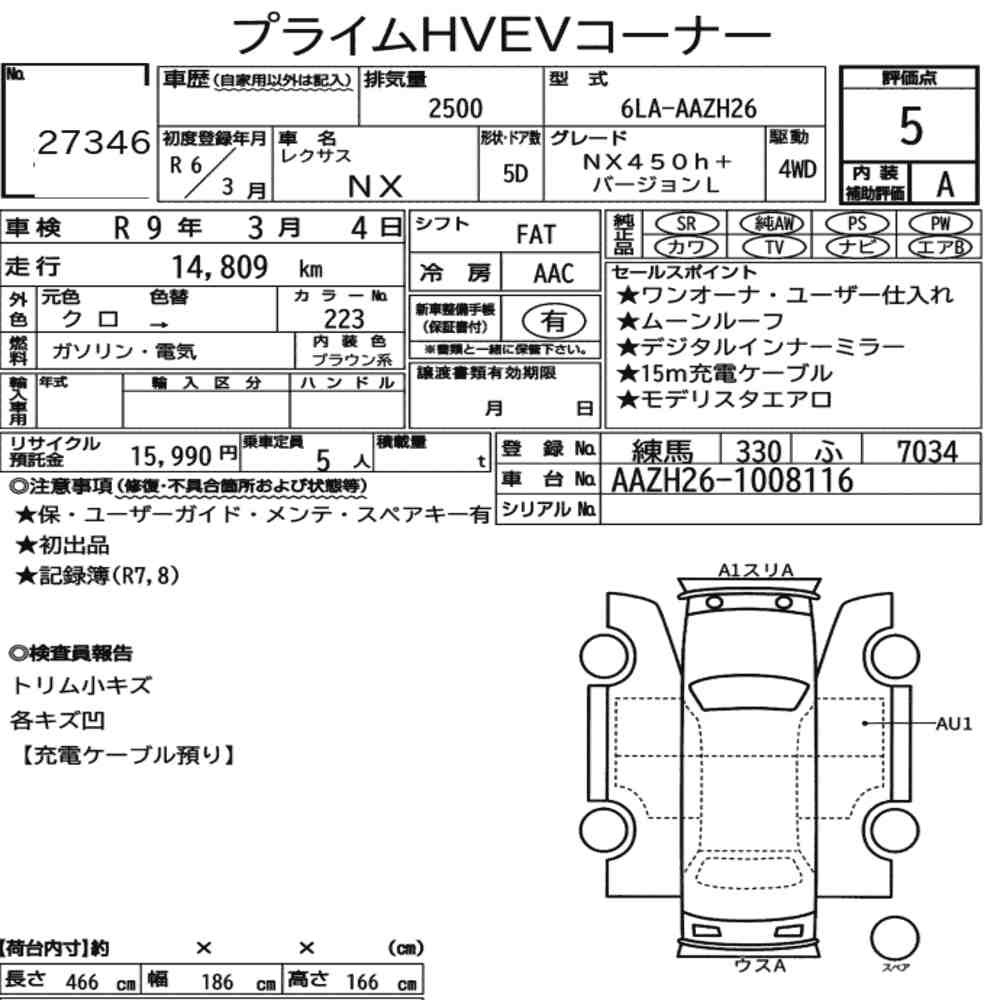 Arkusz aukcyjny — 2024 Lexus NX 4WD NX450H+ Version L